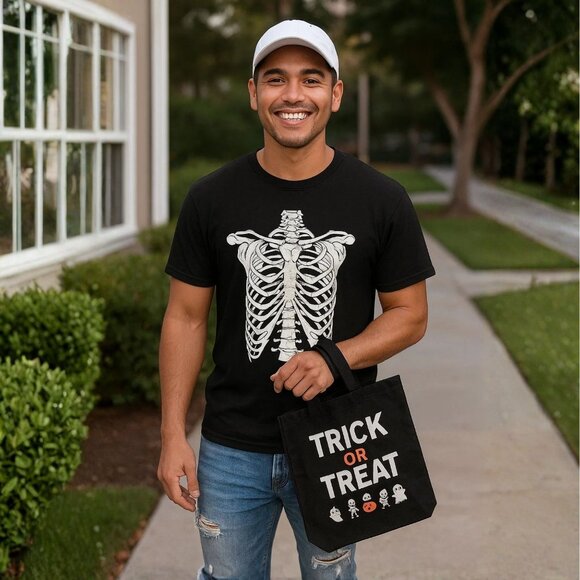 Halloween Skeleton T Shirt Size Large Black White Ribcage Graphic Tee Costume - Picture 1 of 7